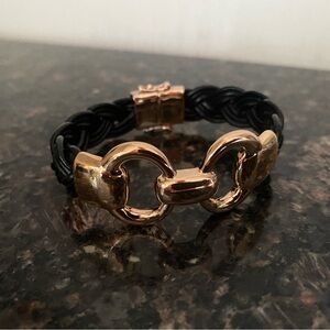 Bronzo Italia QVC Gold Horsebit & Black  Leather Bracelet SZ M